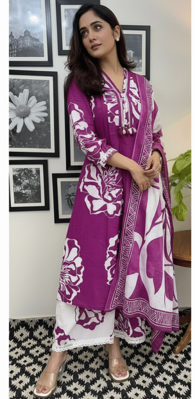 Vibrant Hand Block Printed Cotton A-Line Kurta Pant Set with Dupatta