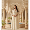 Off-White Pure Cotton Chikankari Nyra Cut Kurta Set with Mirror Lace Work & Chandri Dupatta