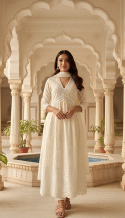 Off-White Pure Cotton Chikankari Nyra Cut Kurta Set with Mirror Lace Work & Chandri Dupatta