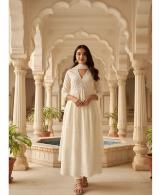 Off-White Pure Cotton Chikankari Nyra Cut Kurta Set with Mirror Lace Work & Chandri Dupatta
