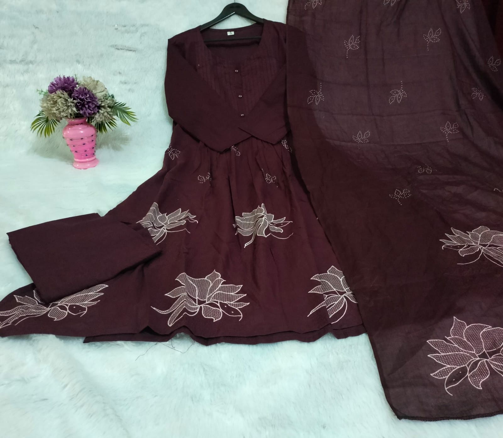 Elegant Maroon Floral Printed Anarkali Kurti with Dupatta - Image 3