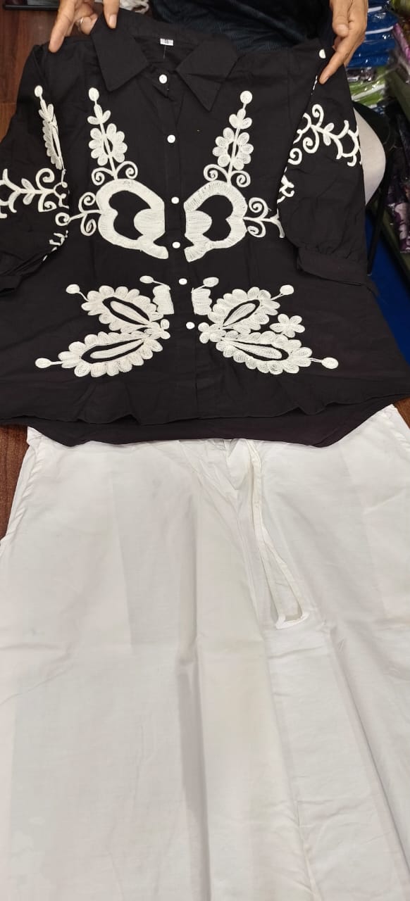 ✨ Pure Cotton Aari Embroidered Top with Bell Bottom Poplin Pant Set - Image 2