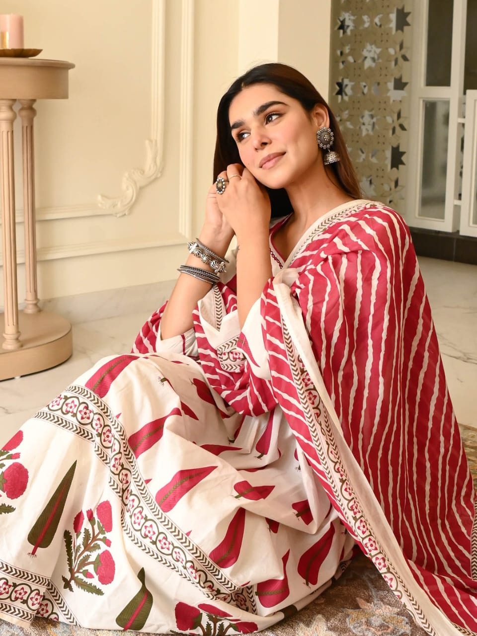 Elegant Pure Cotton Mirror Embroidered Kurti Set with Malmal Dupatta - Image 9