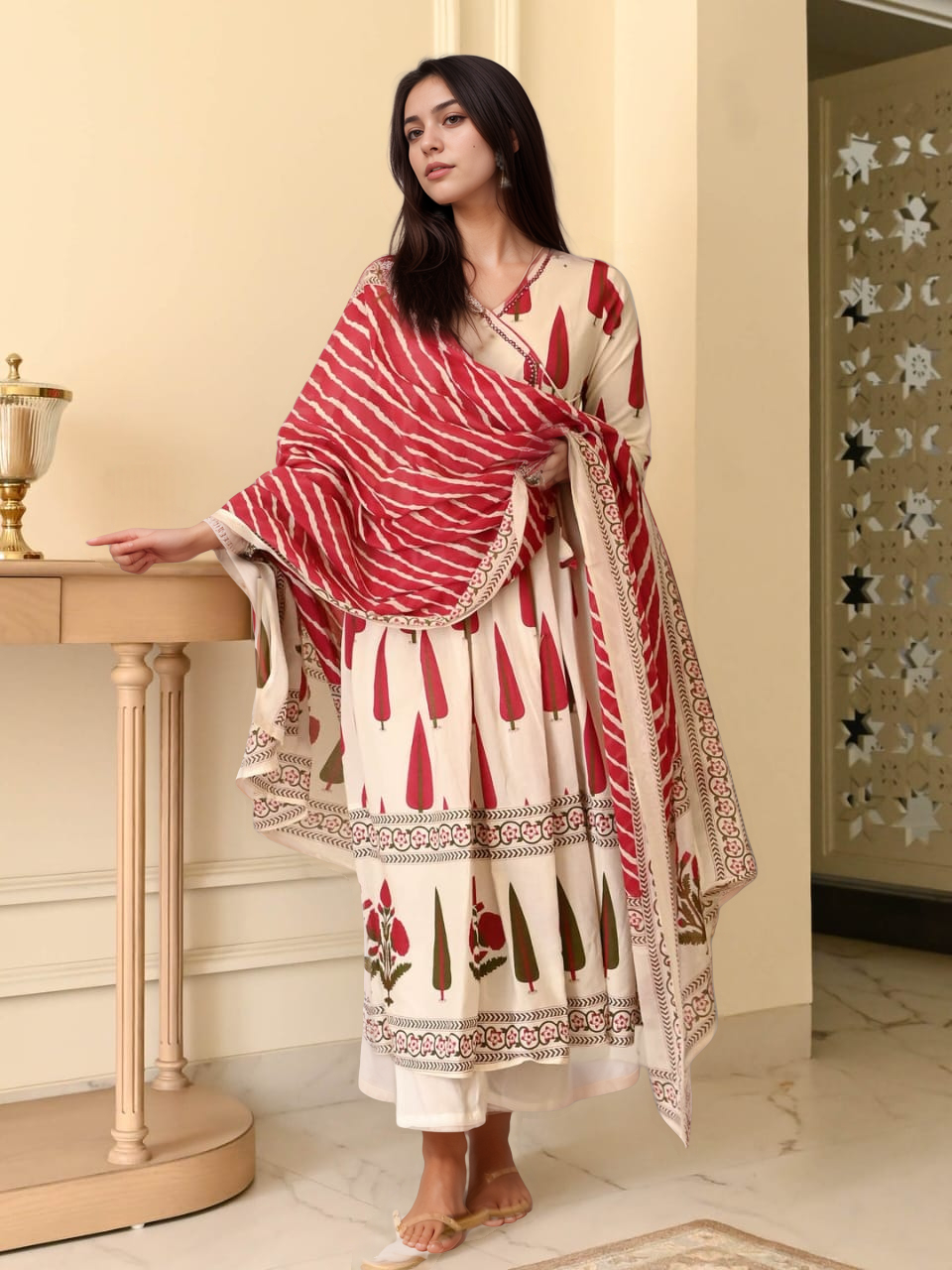 Elegant Pure Cotton Mirror Embroidered Kurti Set with Malmal Dupatta - Image 7