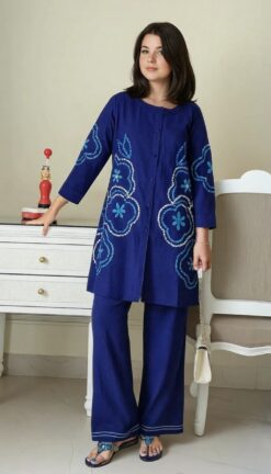 ✨ Power Pause Aari Work Kurti Palazzo Co-ord Set – Blue/White/Black Magic ✨