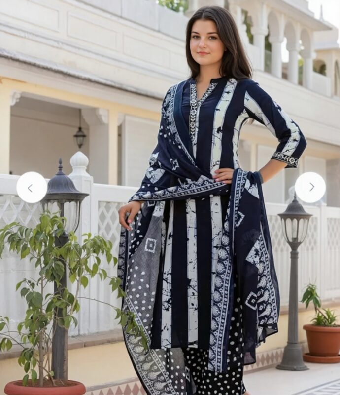 Navy Blue & White Printed Cotton Kurta Set with Dupatta
