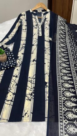 Alternative view of Navy Blue & White Printed Cotton Kurta Set with Dupatta