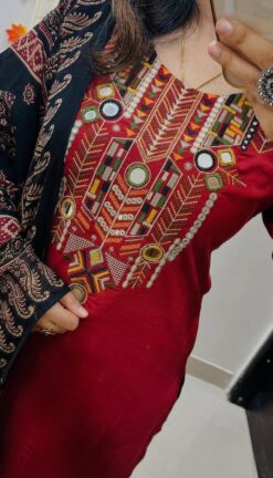 Maroon Cotton Kurta Pant Set with Mirror Work & Printed Dupatta