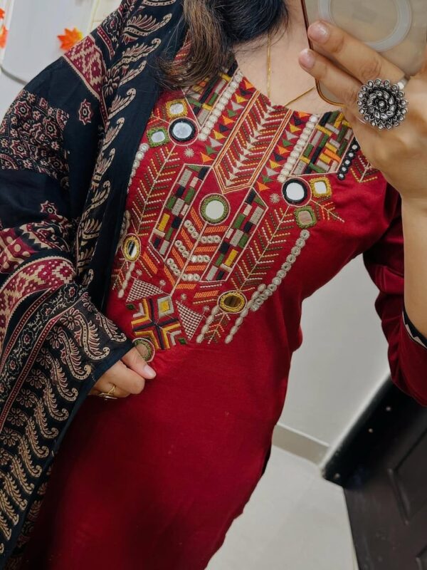 Maroon Cotton Kurta Pant Set with Mirror Work & Printed Dupatta