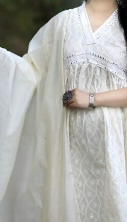 Alternative view of Off-White Pure Cotton Chikankari Nyra Cut Kurta Set with Mirror Lace Work & Chandri Dupatta