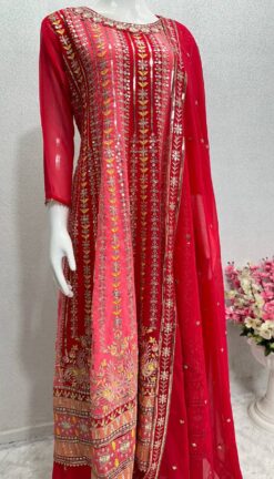 Alternative view of Designer Red Faux Georgette Embroidered Sharara Set with Dupatta