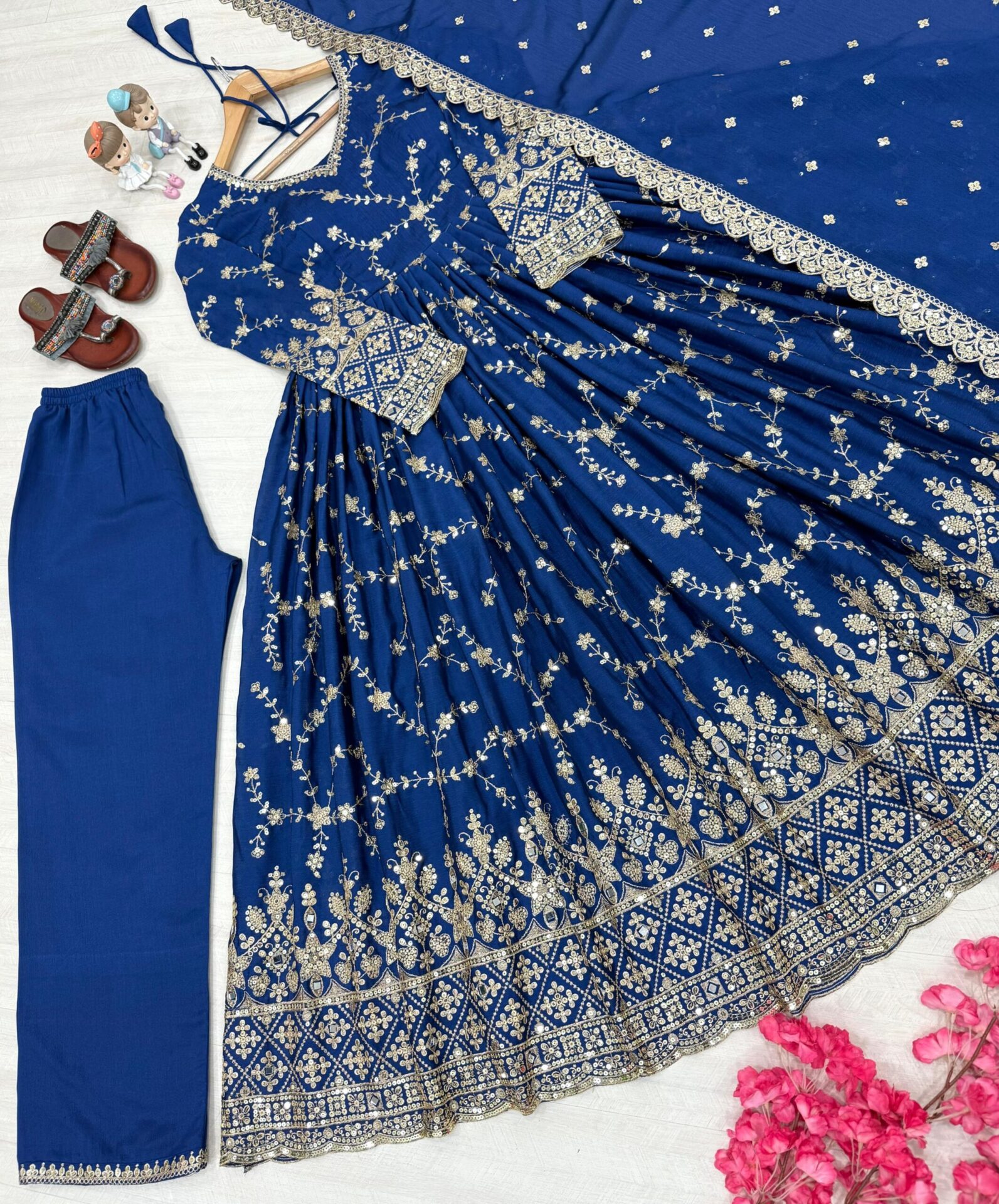 Royal Blue Designer Party Wear Anarkali Gown with Dupatta & Bottom - Image 7
