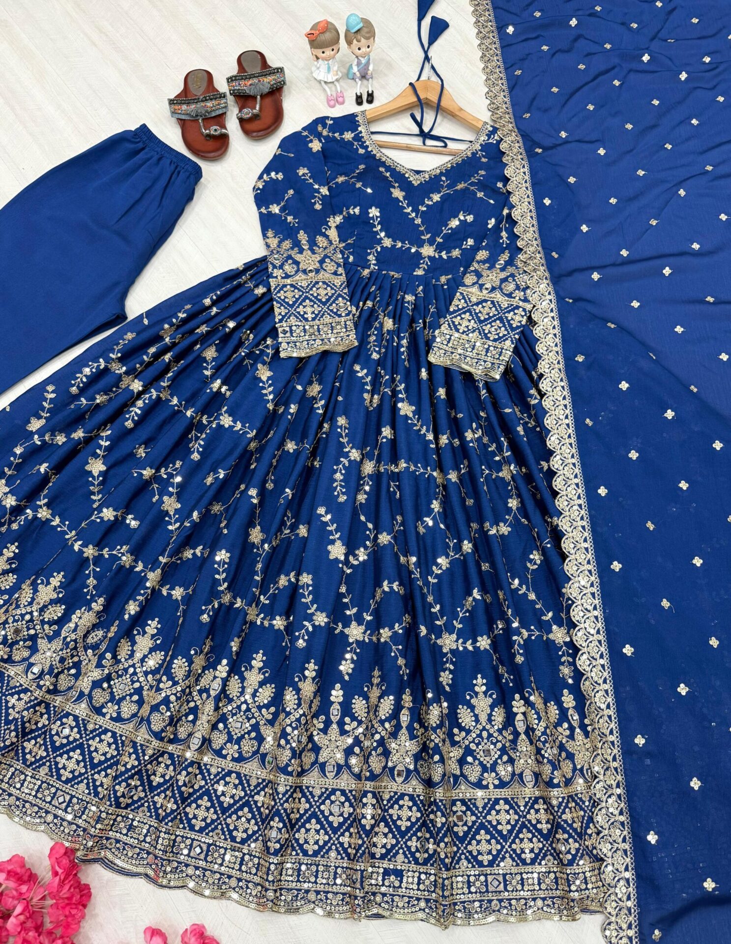Royal Blue Designer Party Wear Anarkali Gown with Dupatta & Bottom - Image 9