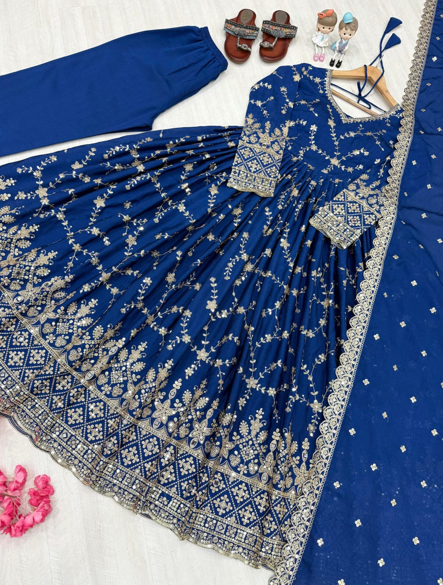Royal Blue Designer Party Wear Anarkali Gown with Dupatta & Bottom - Image 6
