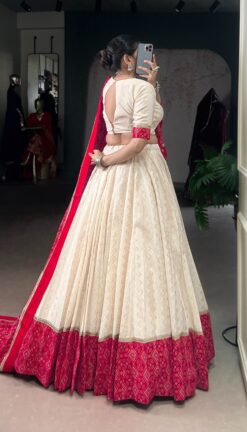 Ivory Red Bandhej Print Cotton Lehenga Set with Sequins Lace