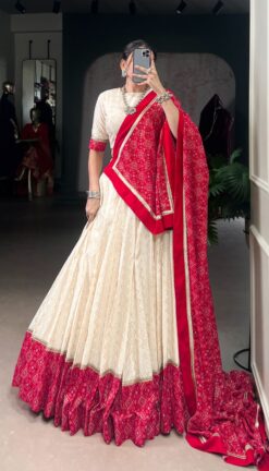 Alternative view of Ivory Red Bandhej Print Cotton Lehenga Set with Sequins Lace
