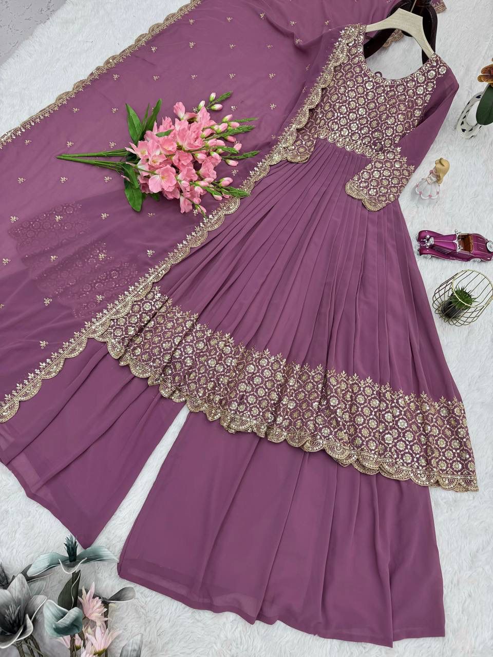 Heavy Faux Georgette Embroidered Gown with Dupatta & Sharara - Image 14