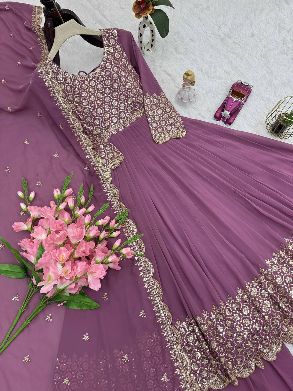 Heavy Faux Georgette Embroidered Gown with Dupatta & Sharara - Image 15
