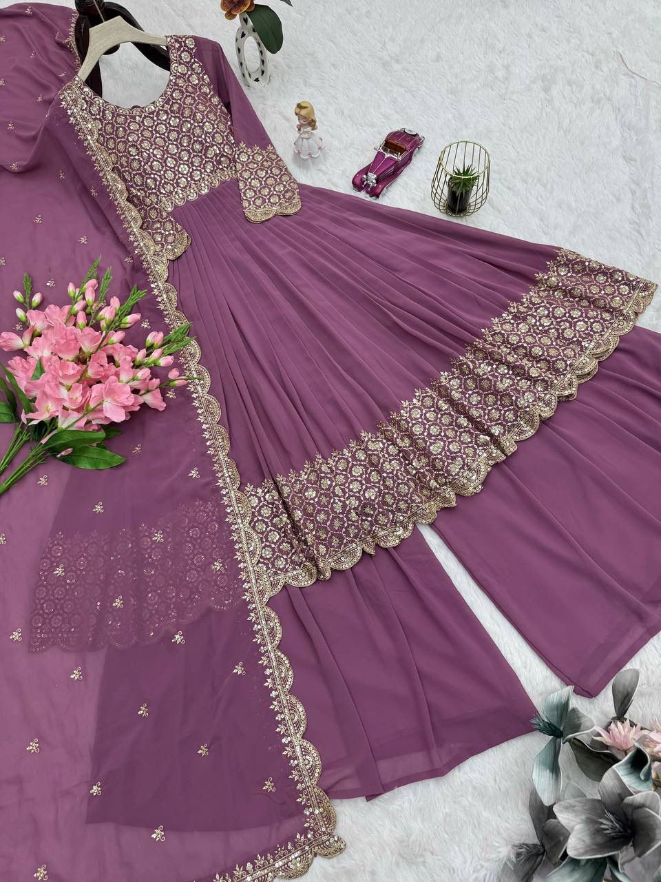 Heavy Faux Georgette Embroidered Gown with Dupatta & Sharara - Image 12