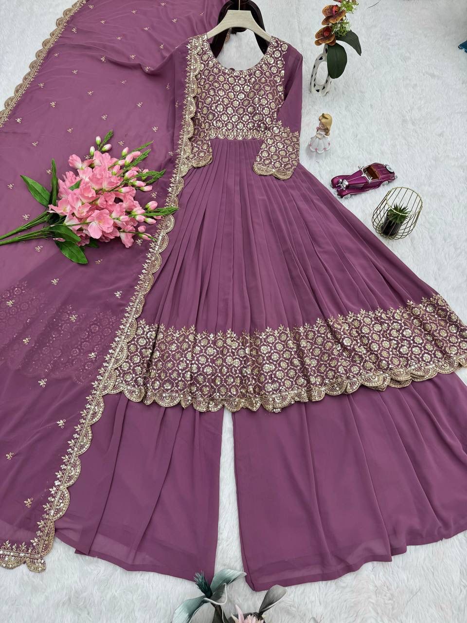 Heavy Faux Georgette Embroidered Gown with Dupatta & Sharara - Image 13