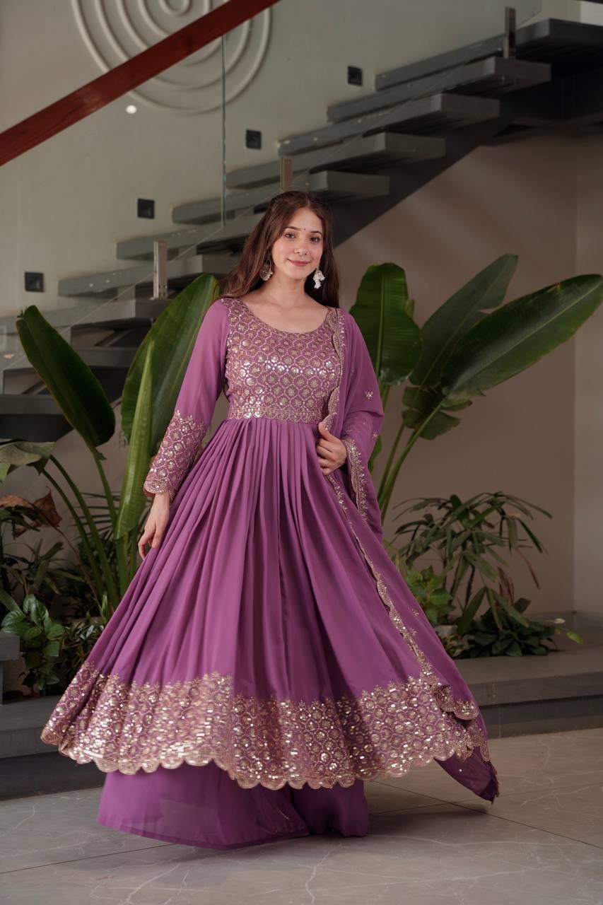 Heavy Faux Georgette Embroidered Gown with Dupatta & Sharara - Image 9