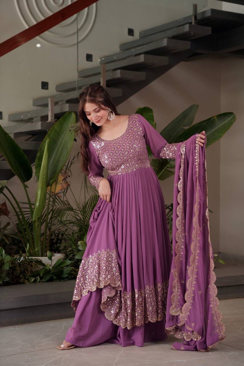 Heavy Faux Georgette Embroidered Gown with Dupatta & Sharara - Image 8