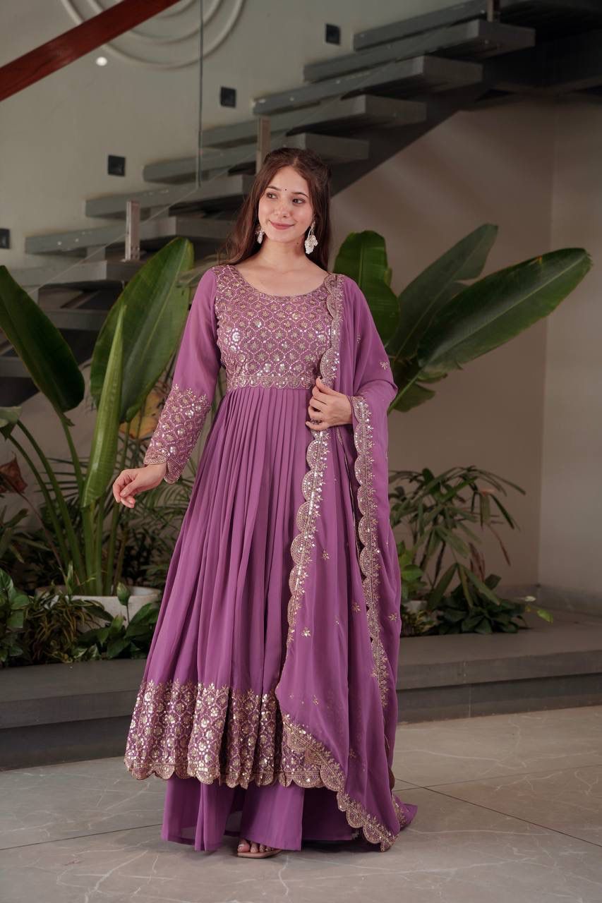 Heavy Faux Georgette Embroidered Gown with Dupatta & Sharara - Image 10