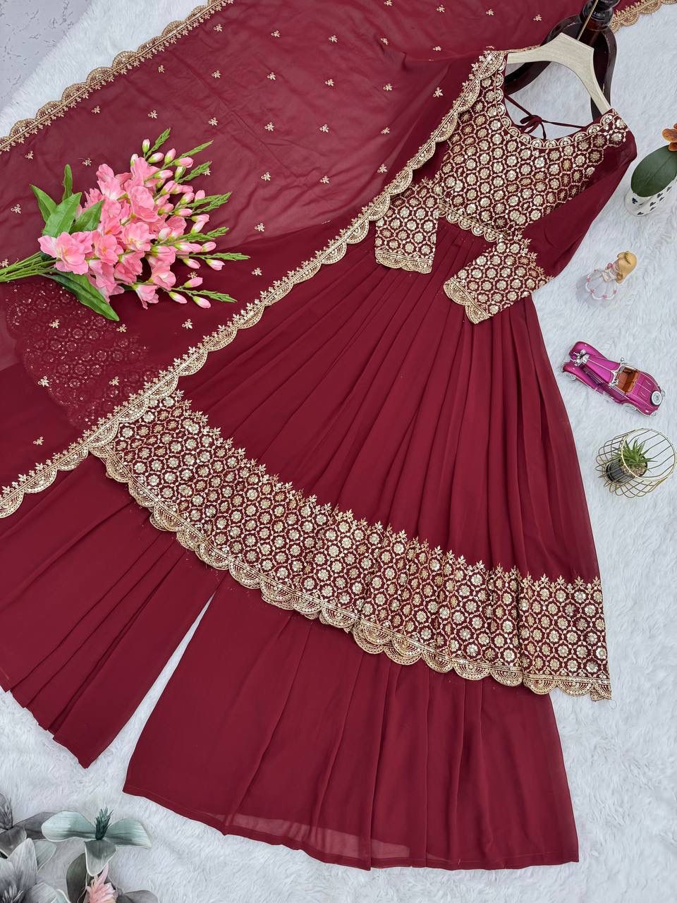 Heavy Faux Georgette Embroidered Gown with Dupatta & Sharara - Image 6