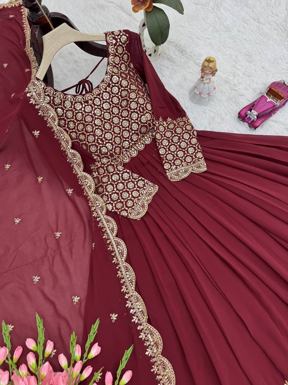 Heavy Faux Georgette Embroidered Gown with Dupatta & Sharara - Image 7