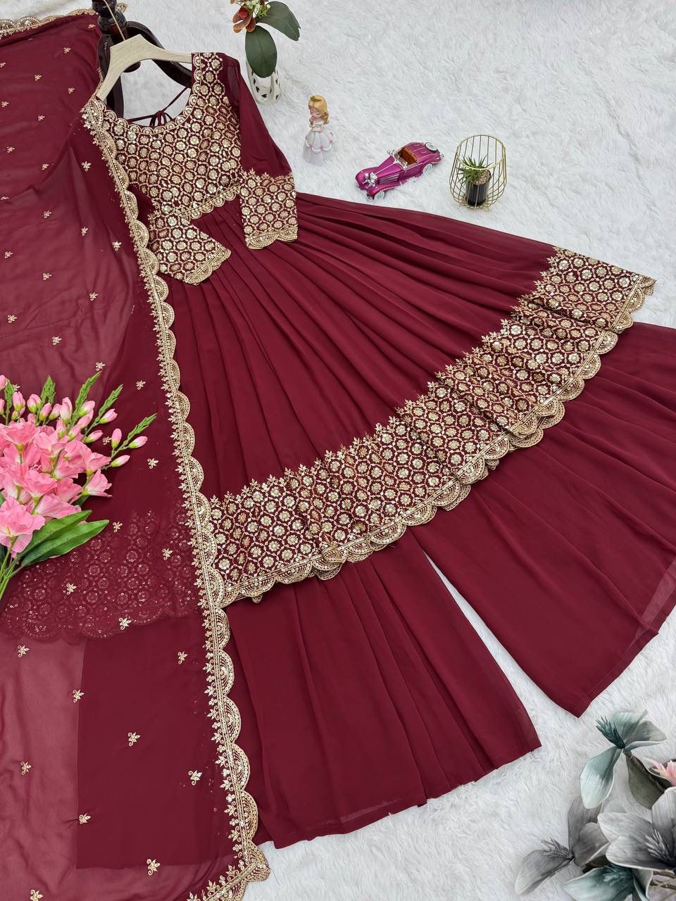 Heavy Faux Georgette Embroidered Gown with Dupatta & Sharara - Image 4