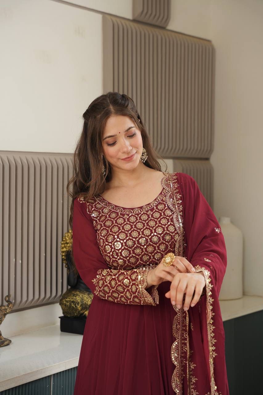 Heavy Faux Georgette Embroidered Gown with Dupatta & Sharara - Image 3