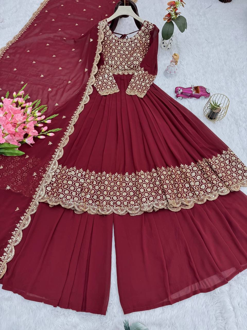 Heavy Faux Georgette Embroidered Gown with Dupatta & Sharara - Image 5