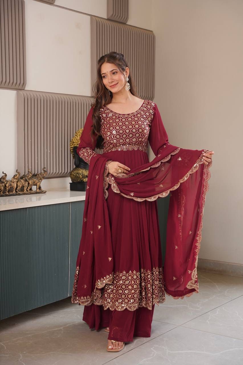 Heavy Faux Georgette Embroidered Gown with Dupatta & Sharara - Image 2