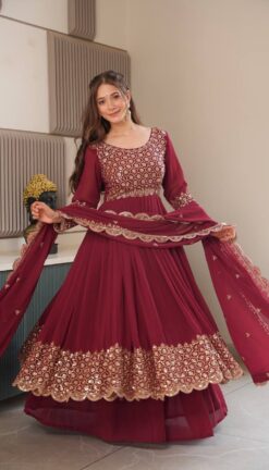 Heavy Faux Georgette Embroidered Gown with Dupatta & Sharara