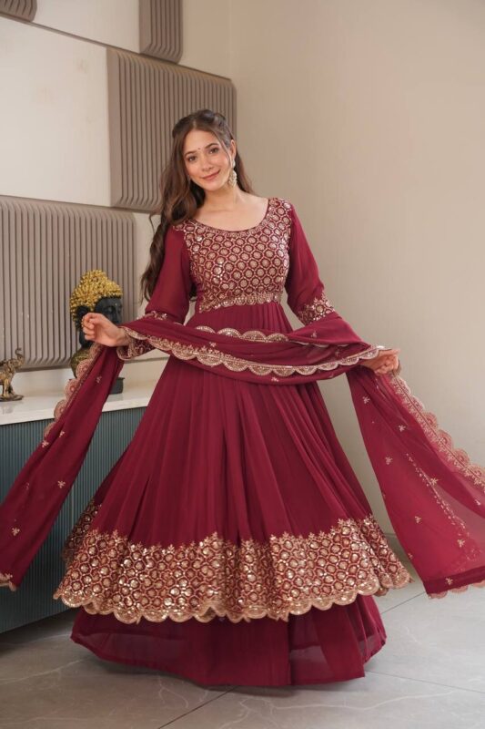 Heavy Faux Georgette Embroidered Gown with Dupatta & Sharara