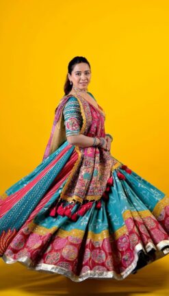Teal & Pink Muslin Cotton Digital Print Lehenga Choli with Mirror Work & Dupatta