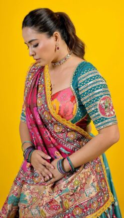 Alternative view of Teal & Pink Muslin Cotton Digital Print Lehenga Choli with Mirror Work & Dupatta