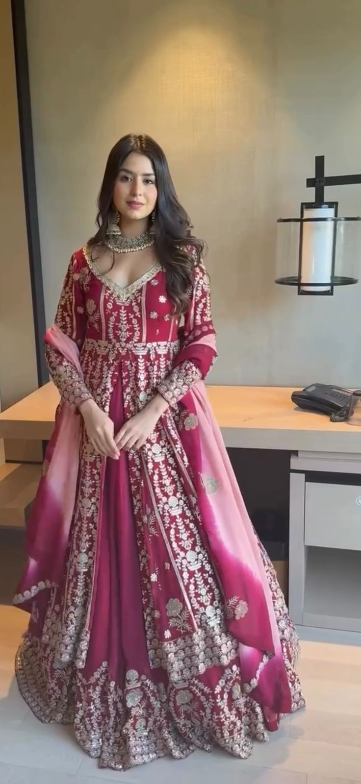 Maroon Faux Georgette Embroidered Gown with Dupatta & Lehenga