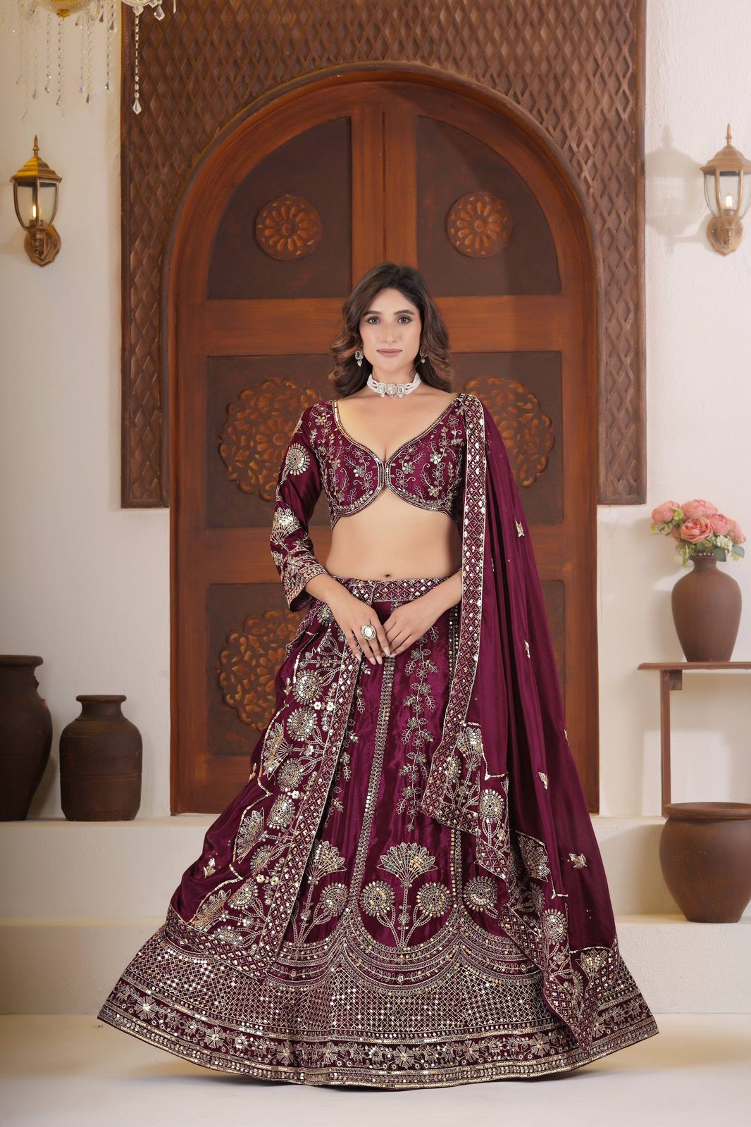 Regal Charm Silk Embroidered Lehenga Choli Set (Wine, Ivory White & Navy Blue) - Image 2