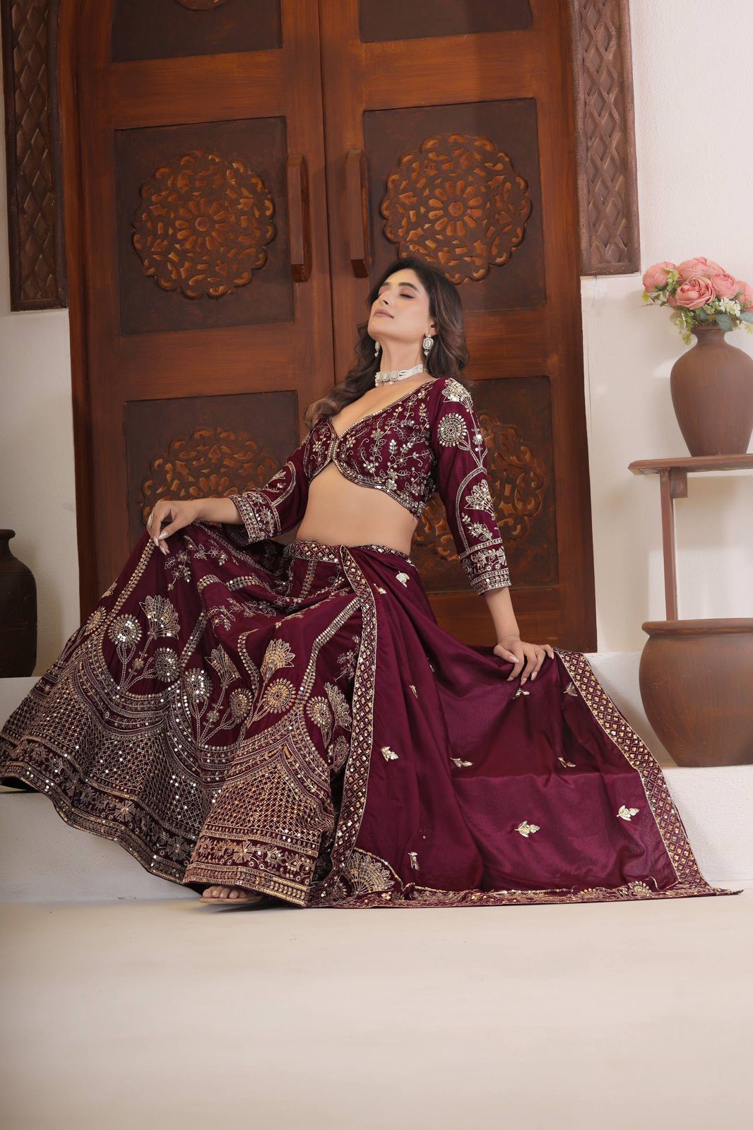 Regal Charm Silk Embroidered Lehenga Choli Set (Wine, Ivory White & Navy Blue) - Image 3
