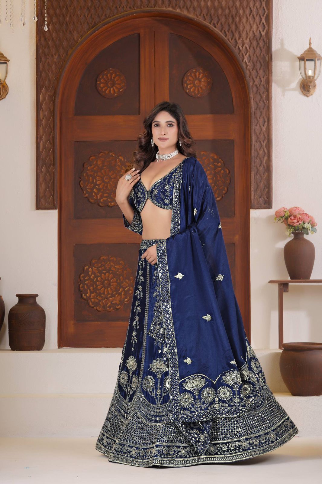 Regal Charm Silk Embroidered Lehenga Choli Set (Wine, Ivory White & Navy Blue) - Image 6