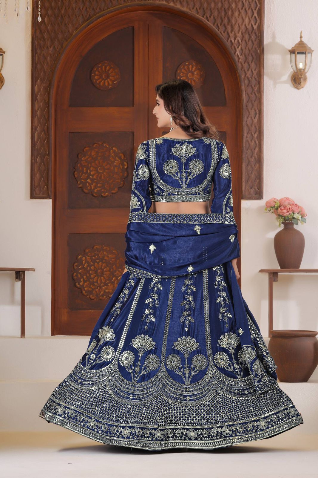 Regal Charm Silk Embroidered Lehenga Choli Set (Wine, Ivory White & Navy Blue) - Image 4