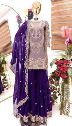 Alternative view of Royal Purple/Red Embroidered Sharara Set