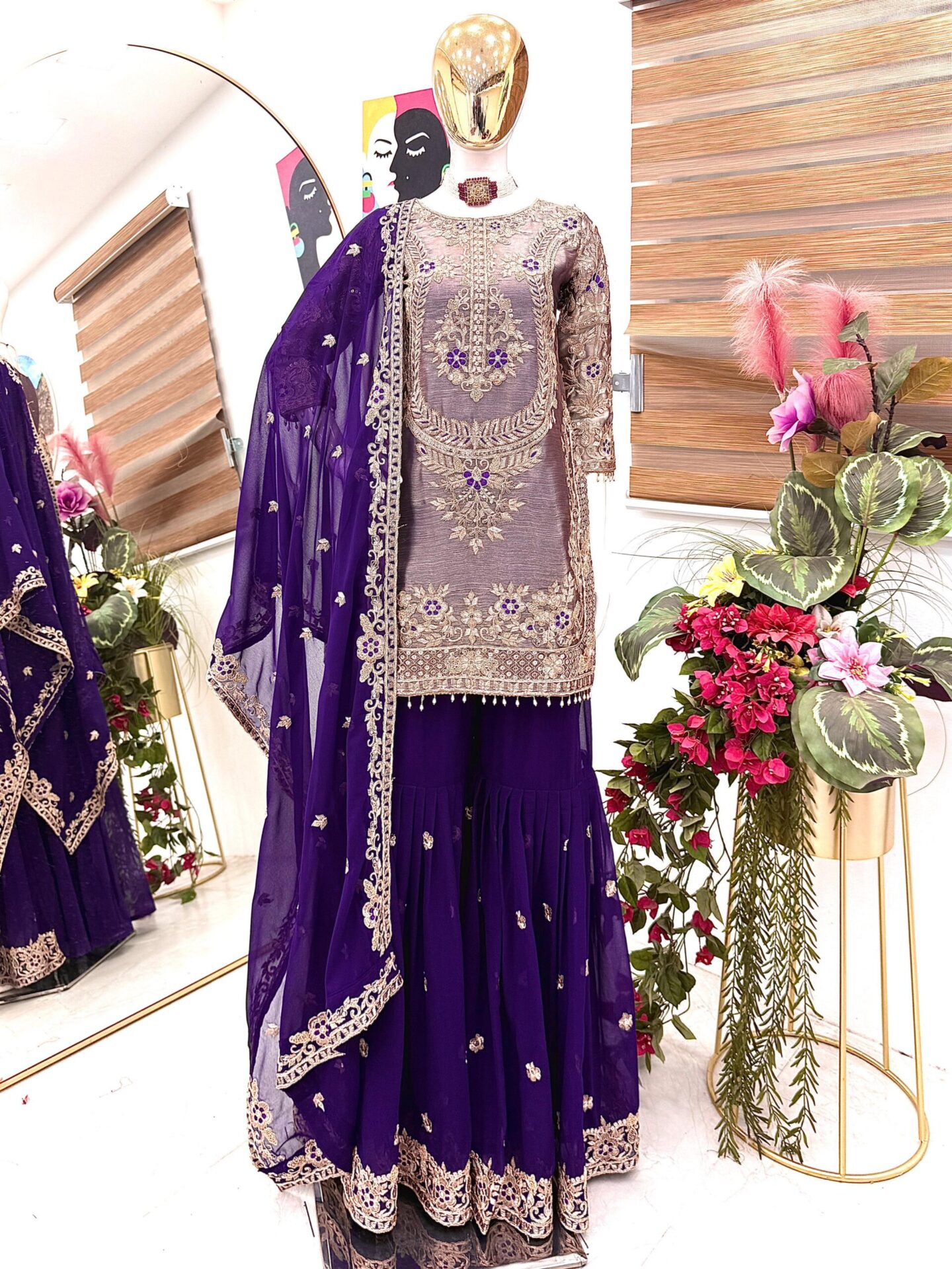 Royal Purple/Red Embroidered Sharara Set - Image 2