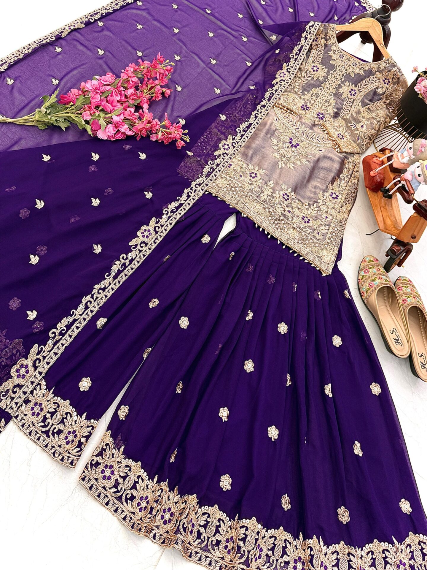 Royal Purple/Red Embroidered Sharara Set - Image 4