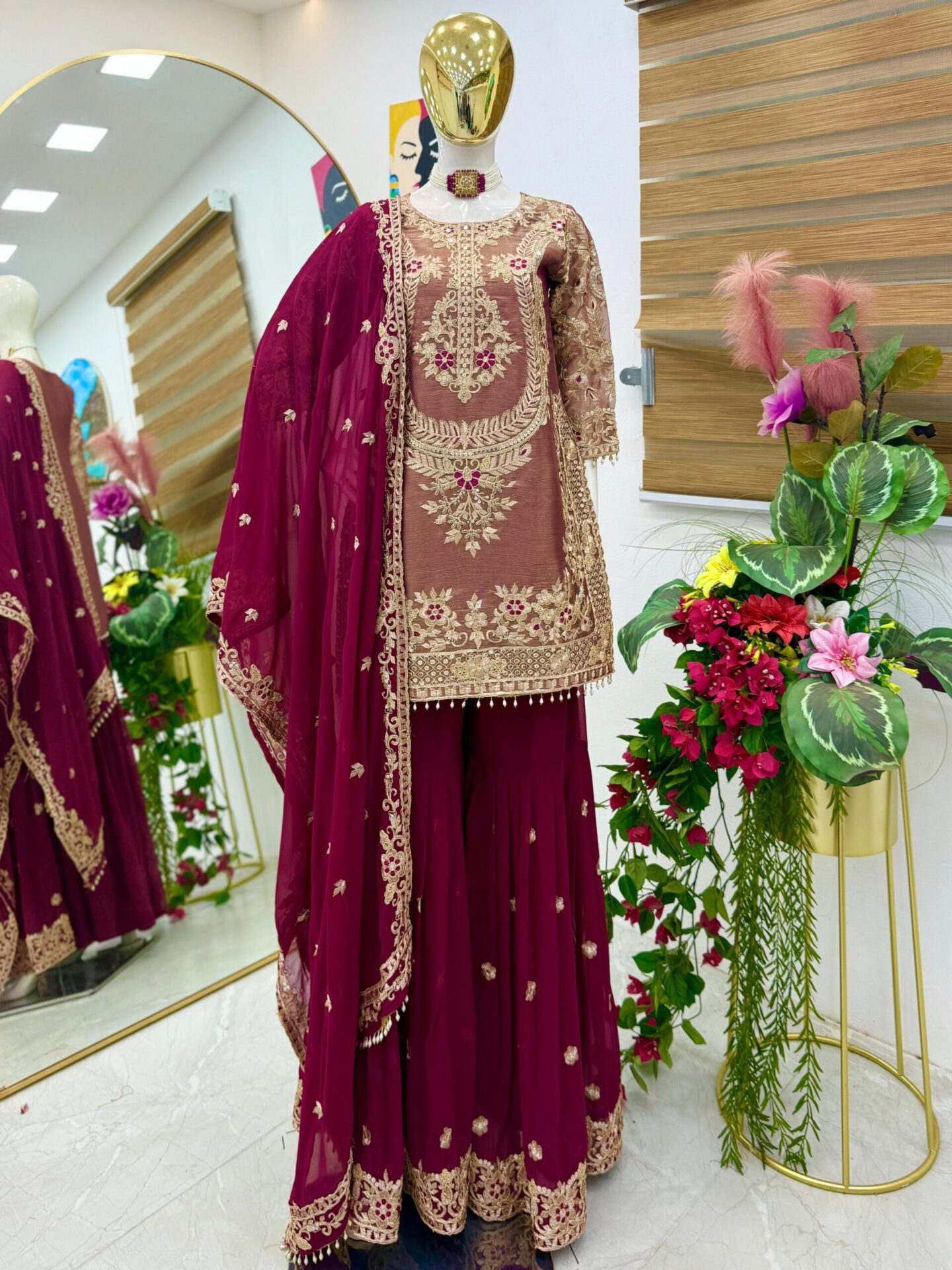 Royal Purple/Red Embroidered Sharara Set - Image 6