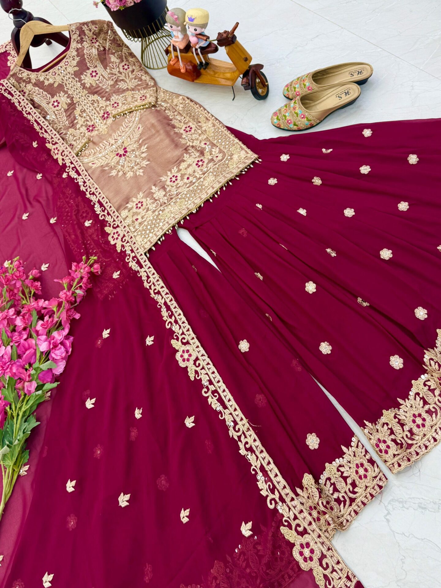 Royal Purple/Red Embroidered Sharara Set - Image 7