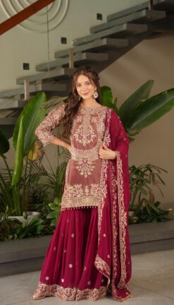 Royal Purple/Red Embroidered Sharara Set