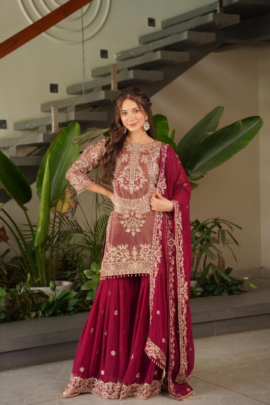 Royal Purple/Red Embroidered Sharara Set