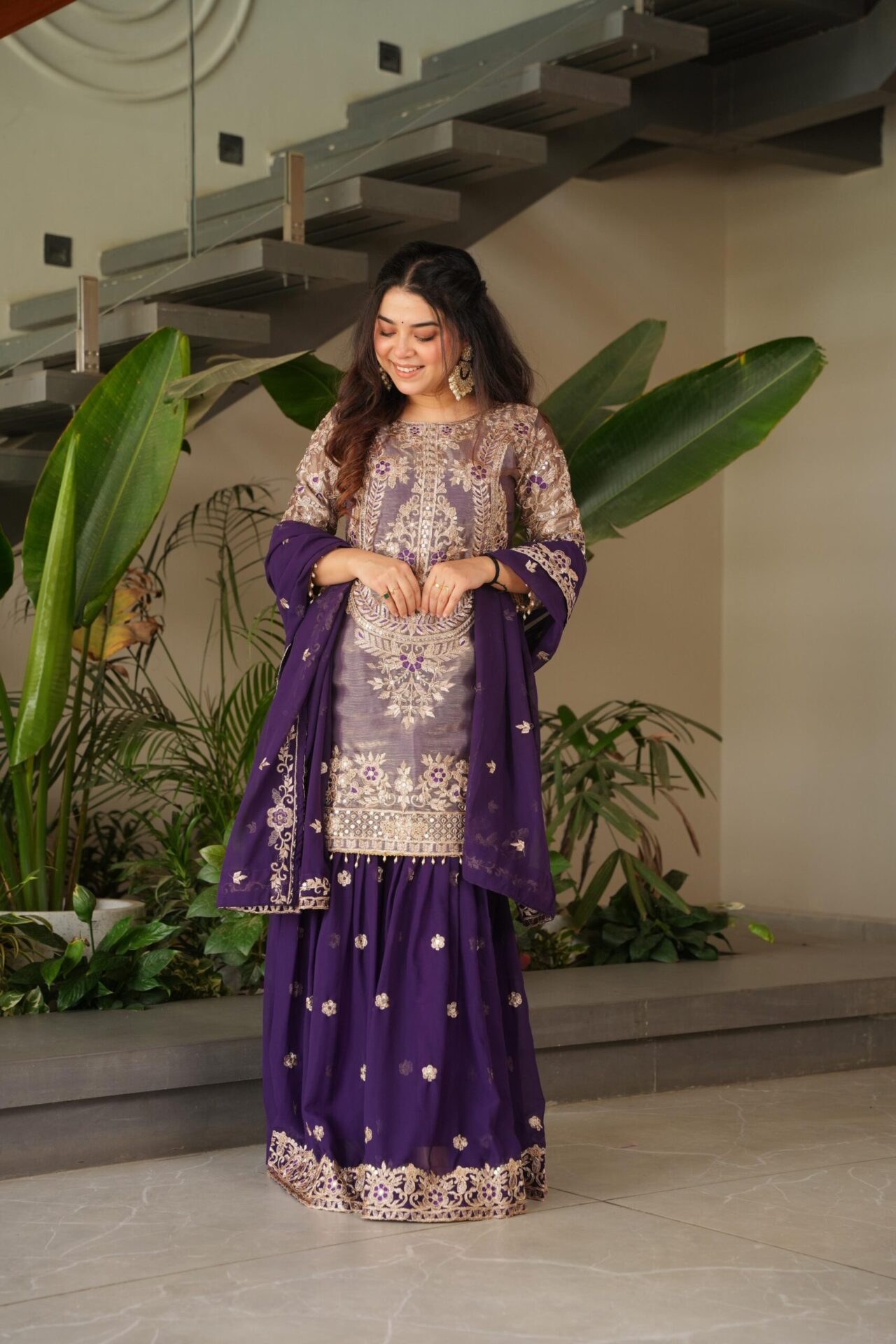 Royal Purple/Red Embroidered Sharara Set - Image 10